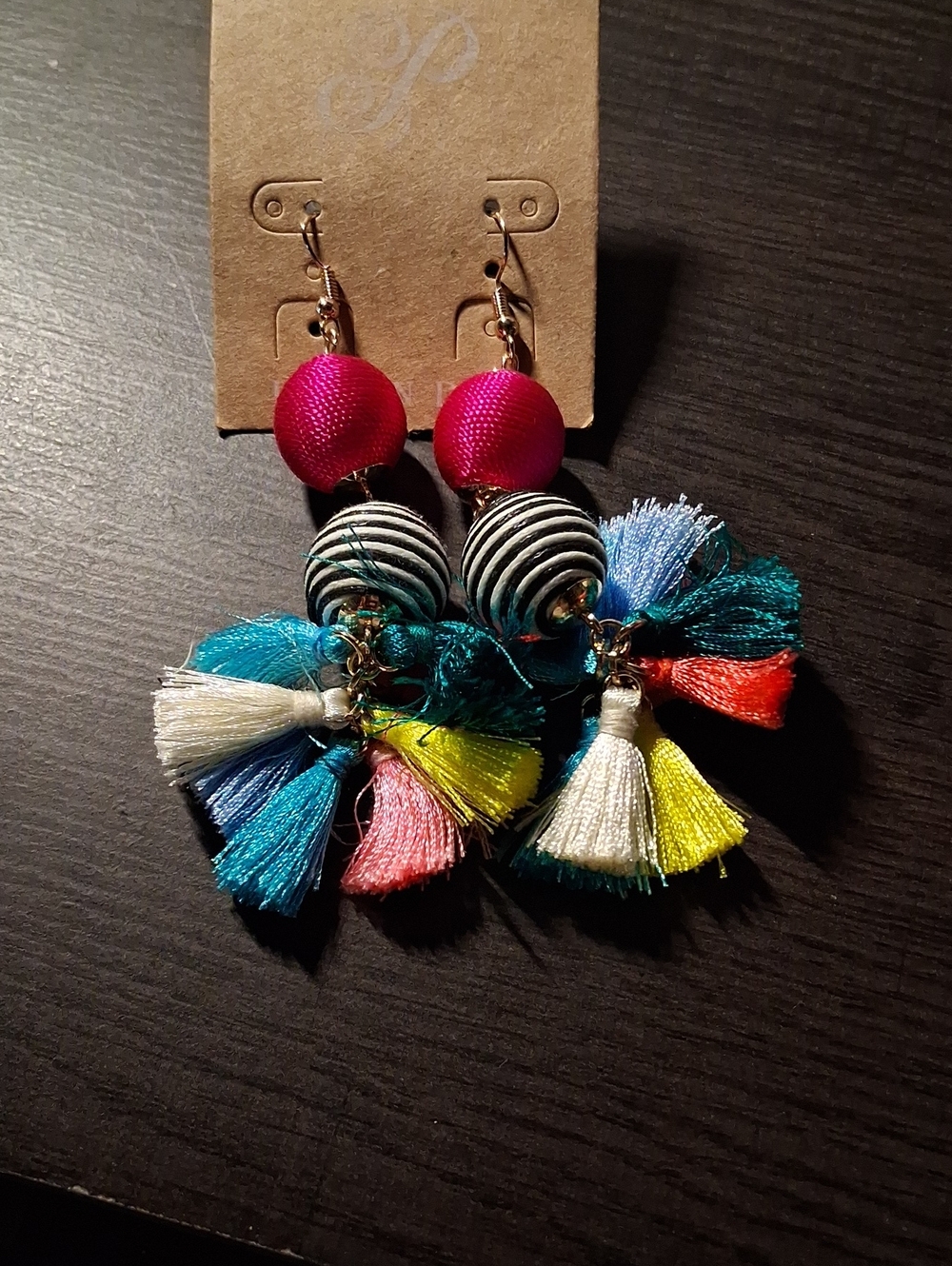 Plunder Pink, Teal, White & Yellow Tassel Drop Earrings